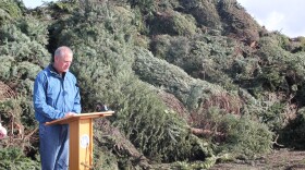 San Diego Environmental Services Department director Chris Gonaver stands beside a pile of Christmas trees that are waiting to be ground up and recycled at the Miramar Landfill. 