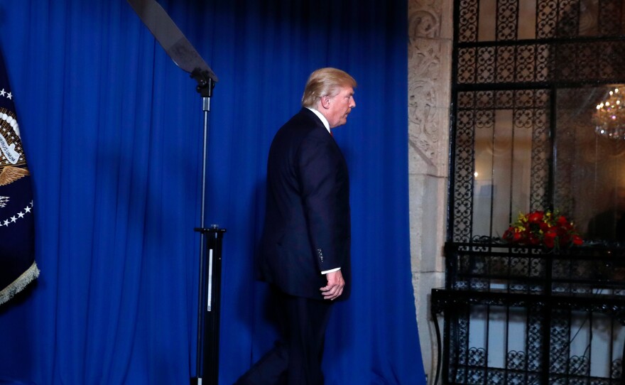 President Donald Trump steps away from his podium on Thursday evening after addressing the U.S. launch of cruise missiles into Syria after a chemical weapons attack this week against civilians.