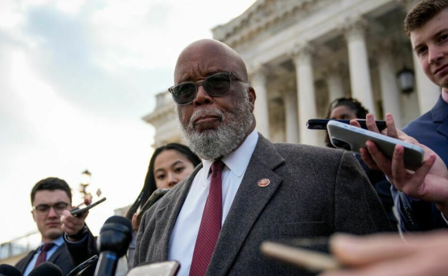Rep. Bennie Thompson, D-Miss., chairman of the House Select Committee to Investigate the Jan. 6 attack on the U.S. Capitol, talks to reporters on Nov. 17. The committee is meeting Monday to vote on what actions to take following its investigation.