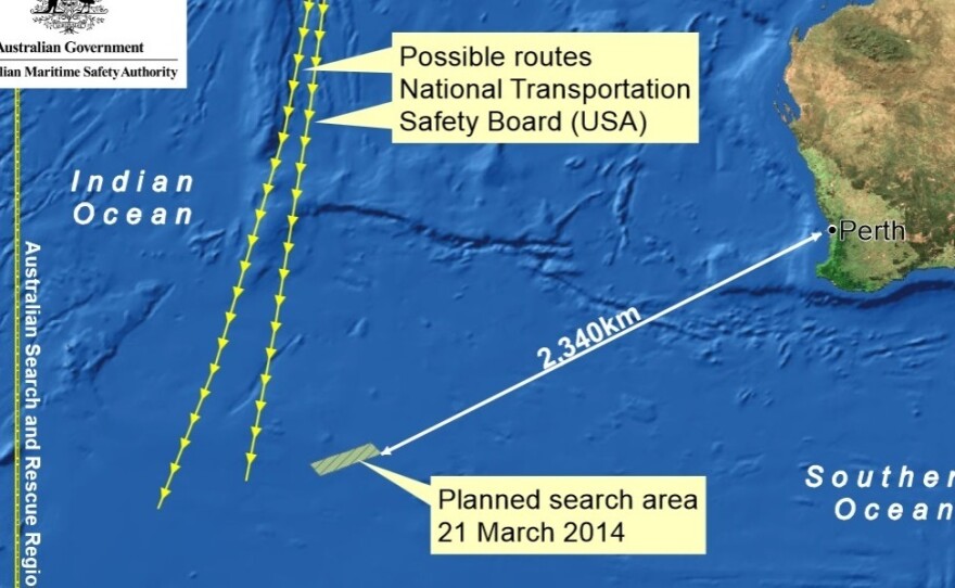 The search area, and the routes that investigators believe Malaysia Airlines Flight 370 might have taken.
