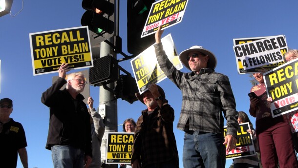 More than a dozen Poway residents rally at the corner of Espola and Valle Verde roads to get out the vote to recall embattled Councilmember Tony Blain, Oct. 28, 2025.