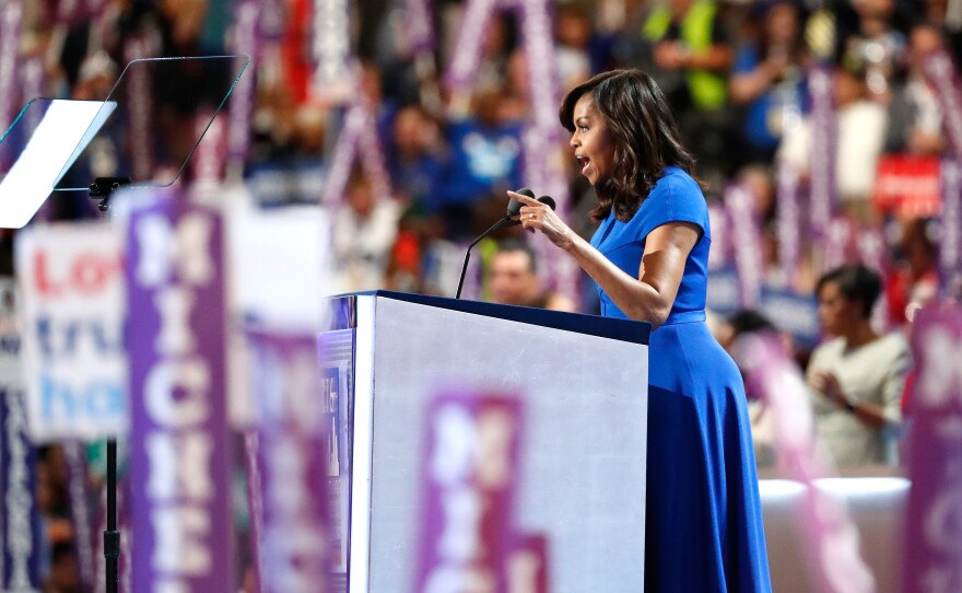 First lady Michelle Obama delivers remarks on the first day of the Democratic National Convention in Philadelphia.