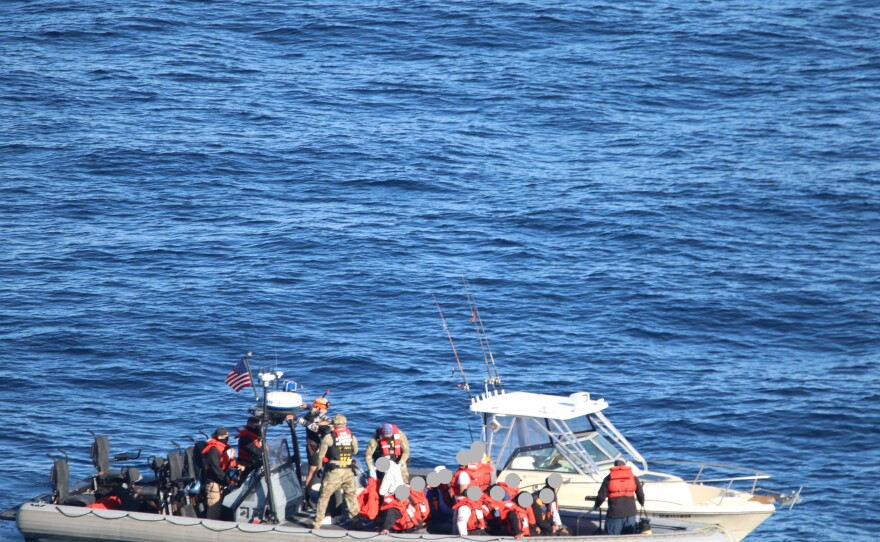 The U.S. Coast Guard and Department of Homeland Security partner agencies intercept a vessel during coordinated operations south of San Clemente Island, California, Feb. 21, 2026.