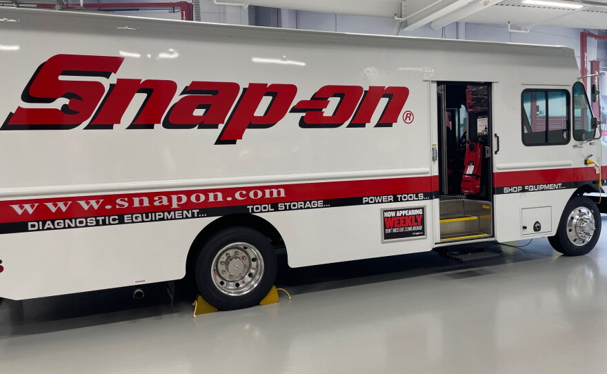 Snap-on sells custom tools to mechanics with a fleet of 3,400 rolling showrooms like this one. Its sales force visits nearly a million mechanics every week.