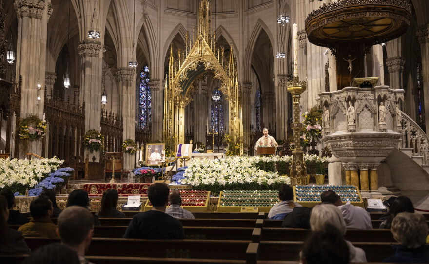 St. Patrick's Cathedral in Manhattan, the seat of the Archdiocese of New York, holds mass on April 21, 2025, in New York.