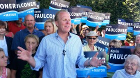 City Councilman Kevin Faulconer talks in front of supporters at his mayoral campaign launch.