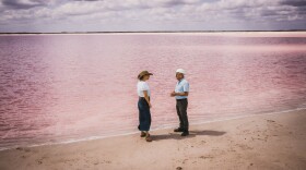 Engineer Felipe Perez takes Pati to the pink lakes where the salt is produced.