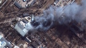 This satellite image provided by Maxar Technologies shows a closeup view of fires in an industrial area and nearby fields in southern Chernihiv, Ukraine, during the Russian invasion on Thursday.