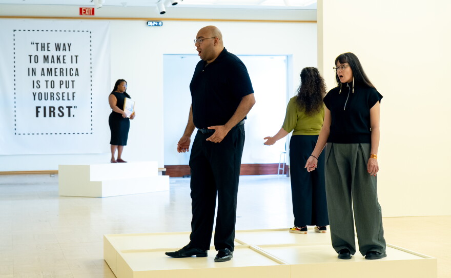 When John Cage composed an opera commemorating the American bicentennial audiences walked out. Now, it's being reinterpreted by new artists in a Detroit Opera production. Above, Brianna J. Robinson, left, Travis Leon Williams, Mia Mandineau and Selena Kearney rehearse for Apartment House 1776 which runs May 21 to 24.