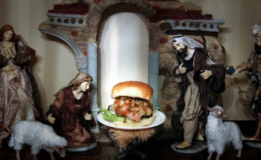 The "Cheeses Is Born Burger," displayed on Bowden's mother's Nativity scene. "My mom was not too thrilled with me taking baby Jesus out of the scene and putting a burger in its place," says Bowden.