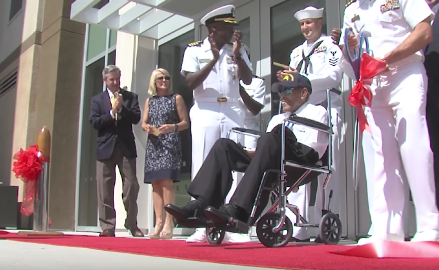 Andrew Mills at a ribbon cutting ceremony in his honor at Andrew Mills Hall, Naval Air Station North Island, August 10, 2017.