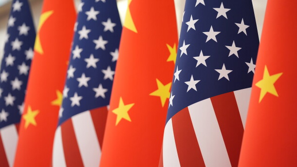 The U.S. and Chinese flag at the Great Hall of the People prior to the state dinner of President Donald Trump and Chinese President Xi Jinping on May 14, 2026, in Beijing.
