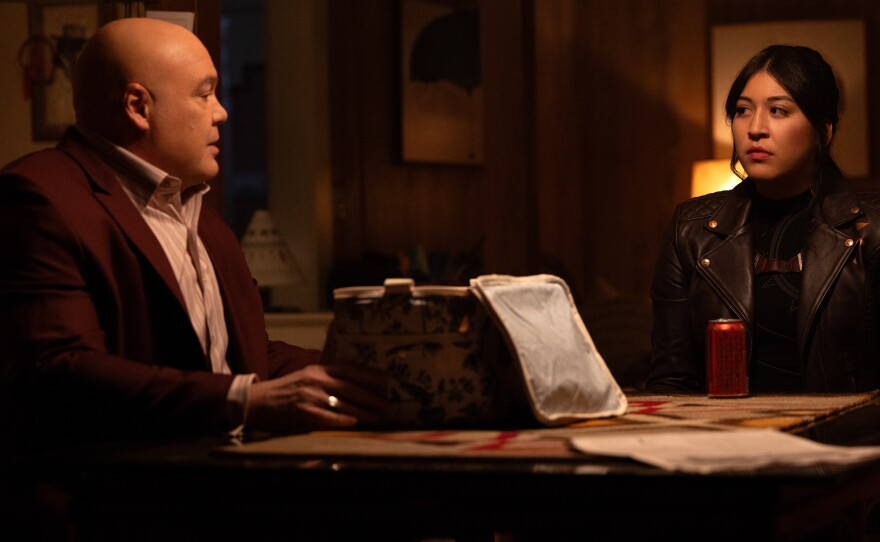 Vincent D'Onofrio as Wilson Fisk/Kingpin and Alaqua Cox as Maya Lopez in Marvel Studios' <em>Echo.</em>