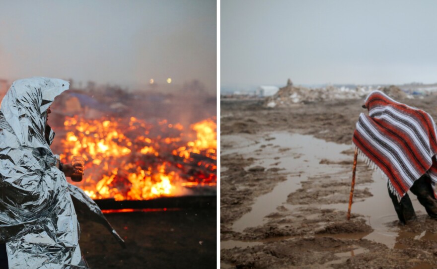 (Left) Campers set structures on fire ahead of the Army Corp's original 2 p.m. Wednesday deadline to leave the Oceti Sakowin camp. (Right) Mud has made traversing parts of the camp treacherous. The governor of North Dakota set in motion the current evacuation deadline citing flooding concerns.