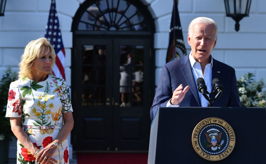 President Biden, with First Lady Jill Biden at his side, delivers remarks at a 4th of July BBQ with military families at the White House.