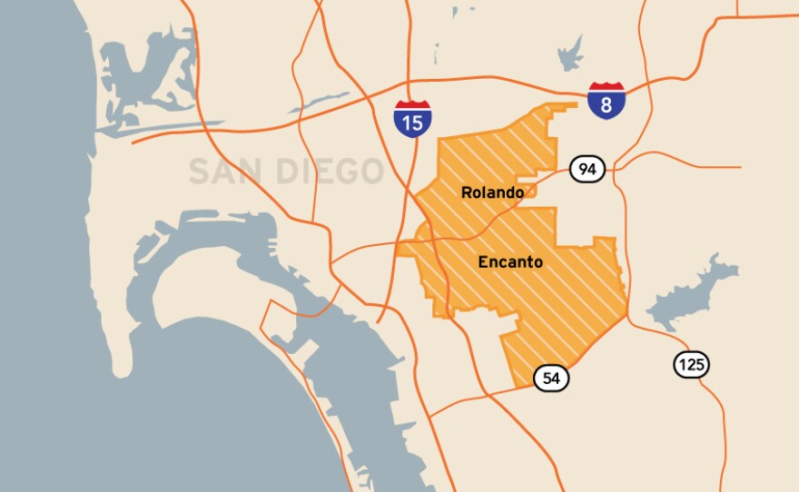 This map shows the boundaries of San Diego Unified School District's District E, which includes the neighborhoods of Encanto, Oak Park, Paradise Hills, Rolando, Valencia Park and Webster.