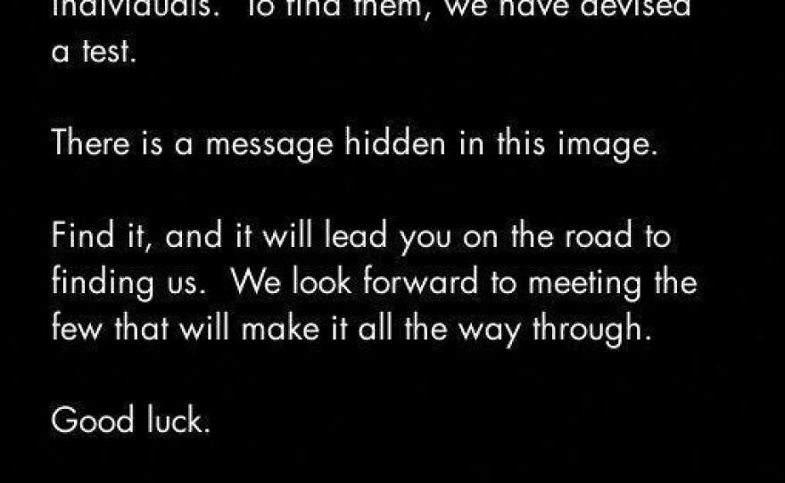 This image was posted to 4chan image boards, inviting people to participate in the Cicada 3301 mystery.