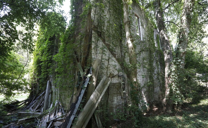 Vines and tree branches cover the remnants of Bryant's Grocery and Meat Market, in Money, Miss., where in 1955, 14-year old Emmett Till allegedly whistled to Carolyn Bryant, a white woman, then wife of the store's owner.