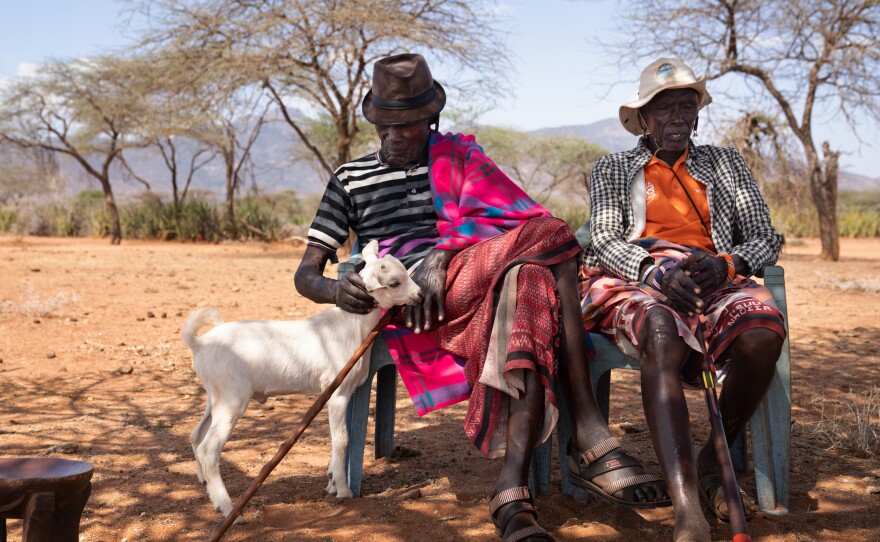 Lengees (left) and Kinati Letadow. During their youth they were in the same group of morans. Six decades later, they still meet up every morning — within sight of the tree where they were circumcised in their moran initiation rite.