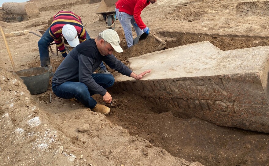 Archeologists work in the ruins of a temple for Zeus-Kasios, the ancient Greek god, at the Tell el-Farma archaeological site in the northwestern corner of the Sinai Peninsula. Tell el-Farma, also known by its ancient name Pelusium, dates back to the late Pharaonic period and was also used during Greco-Roman and Byzantine times.