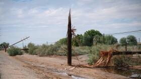 Splintered power poles sit along the Evan Hewes Highway between El Centro and Holtville in Imperial County on September 22, 2025.