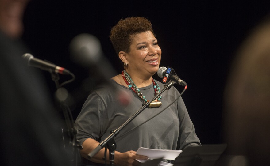 'National Public Radio host, Michel Martin talks with the audience at the live performance of Martin's Going There at Colorado State University Tuesday May 24, 2016. The show was titled, " The Future of Water."'