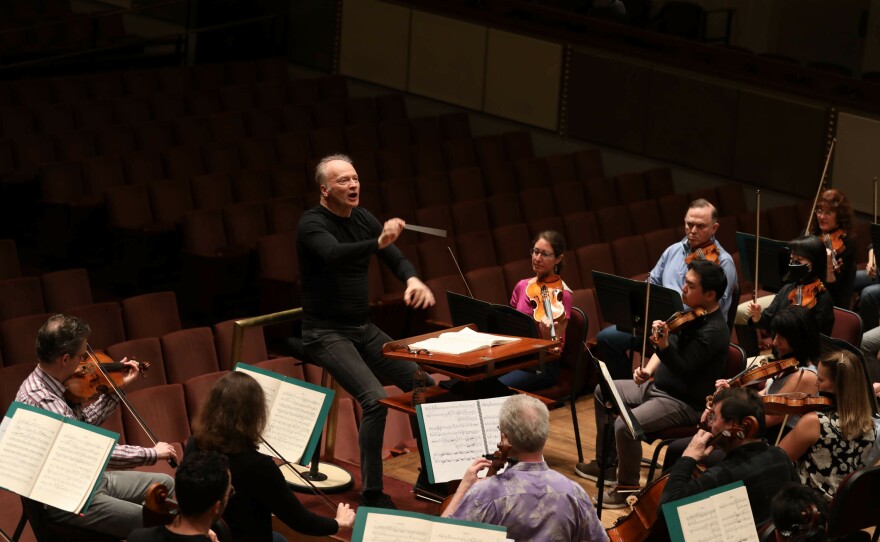 Gianandrea Noseda directs the National Symphony Orchestra at a rehearsal at the Kennedy Center in Washington, D.C.