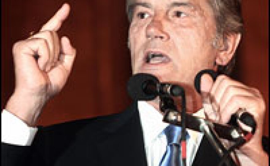 Ukrainian President Viktor Yushchenko speaks during an Aug. 12 rally in Tbilisi against Russian aggression in Georgia.