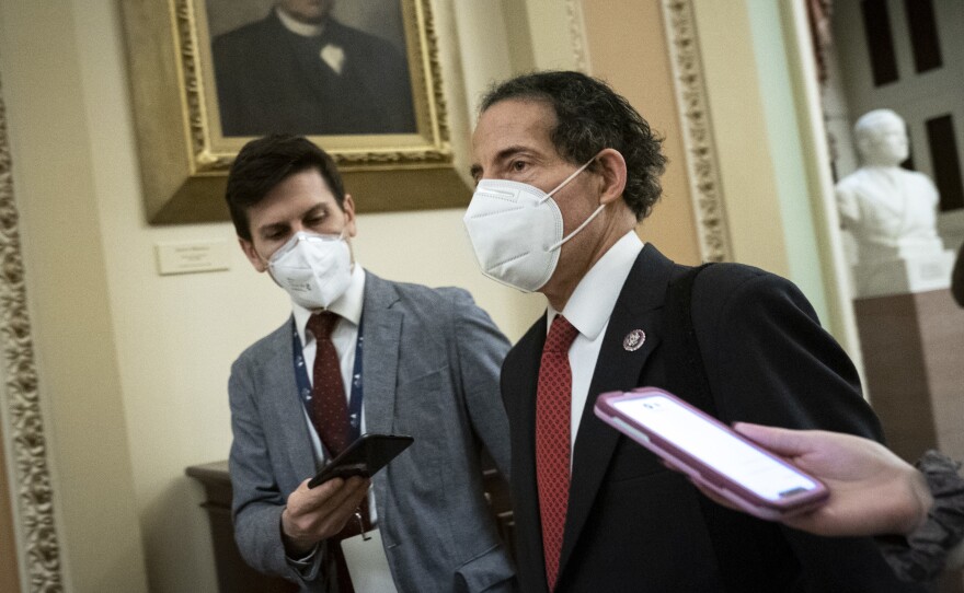 Lead House impeachment manager Rep. Jamie Raskin, D-Md., leaves at the end of the the first day of former President Donald Trump's second impeachment trial at the Capitol on Tuesday.