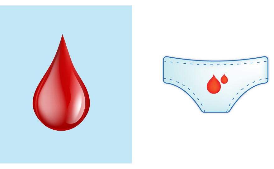 The red drop of blood (left) was designated as an official emoji to symbolize menstruation, among other things, this year. The design at right, submitted in 2017, was not accepted.