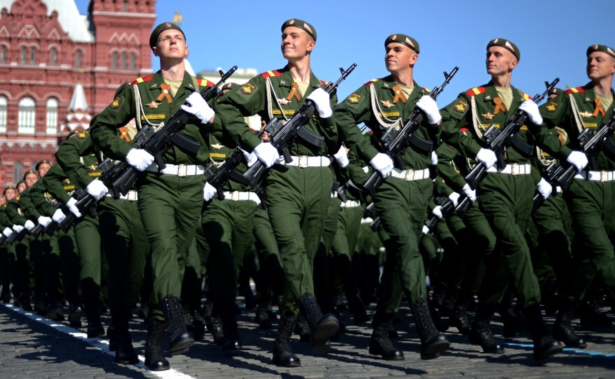 Russian soldiers march in Moscow's Red Square during Friday's Victory Day parade, a show of military might amid tensions in Ukraine following Moscow's annexation of Crimea.