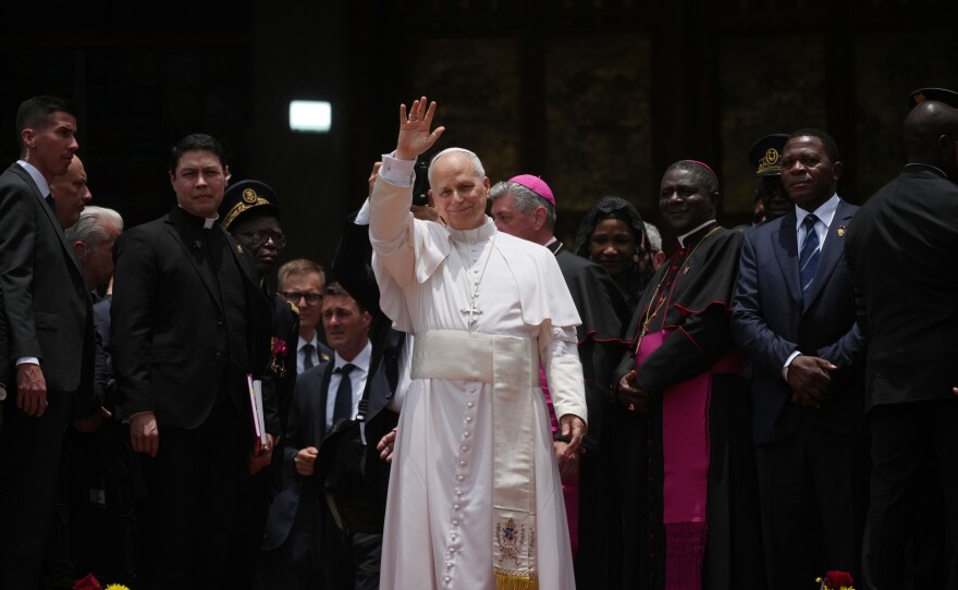 Pope Leo XIV leaves at the end of a meeting for peace at Saint Joseph's Cathedral in Bamenda, Cameroon, with the local community, April 16, 2026, on the fourth day of his 11-day pastoral visit to Africa.