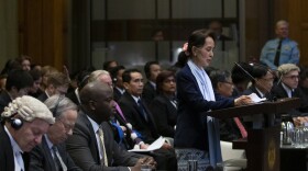 Myanmar leader Aung San Suu Kyi addresses judges of the International Court of Justice on the second day of hearings in The Hague, Netherlands, on Wednesday.
