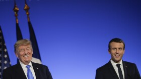 U.S President Donald Trump, left, shares a laugh with French President Emmanuel Macron at the Elysee Palace in Paris, July 13, 2017. 