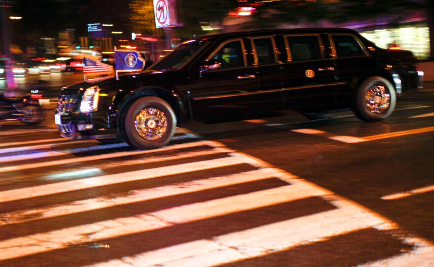 One car in President Obama's motorcade leaving after the White House Correspondents' Association Dinner on Saturday, April 30th, 2016 in Washington, D.C.