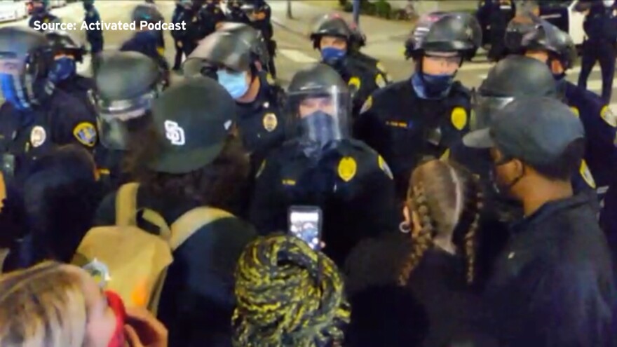Protesters clash with police in downtown San Diego, Aug. 25, 2020.