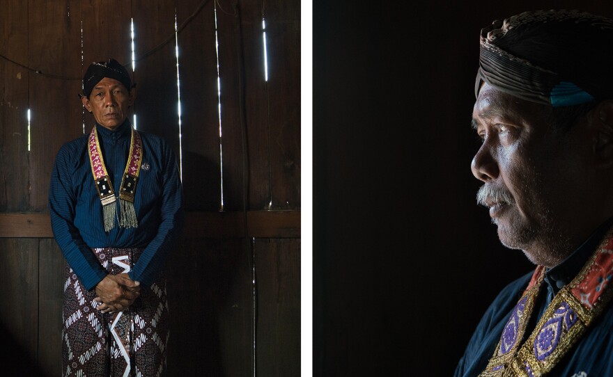 Left: Hastono Wasiyo, 60, is a gravedigger and caretaker at the Kejawen cemetery. Right: Mas Bekel Hastono Darwinto, 61, is the main caretaker of the Kejawen graveyard. Both men clean and maintain the area. In the afternoon, they sit just outside the cemetery in a wooden shed, sharing pieces of cassava.