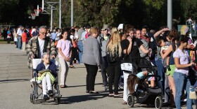 Hundreds of residents line up for H1N1 vaccinations during the launch of the first Public Health H1N1 vaccine clinics in Los Angeles County on October 23, 2009 in the Los Angeles area community of Encino, California. 