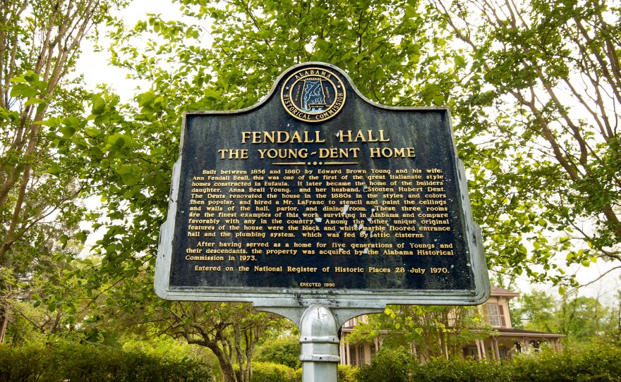 The historical marker that omits parts of the Young-Dent family's past is on the grounds of Fendall Hall in Eufaula. The back side of the marker says Edward Brown Young was a "banker, merchant and entrepreneur." The back side also says that he "organized the company which built the first bridge" in Eufaula and that his daughter married a Confederate captain in the "War Between the States."
