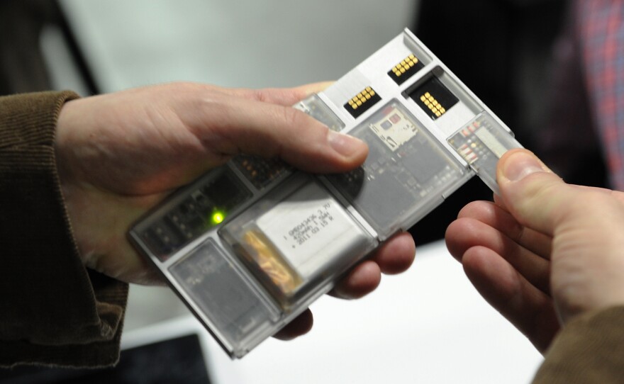 Google's modular Project Ara is showcased at the Engadget Expand conference in New York in 2014.