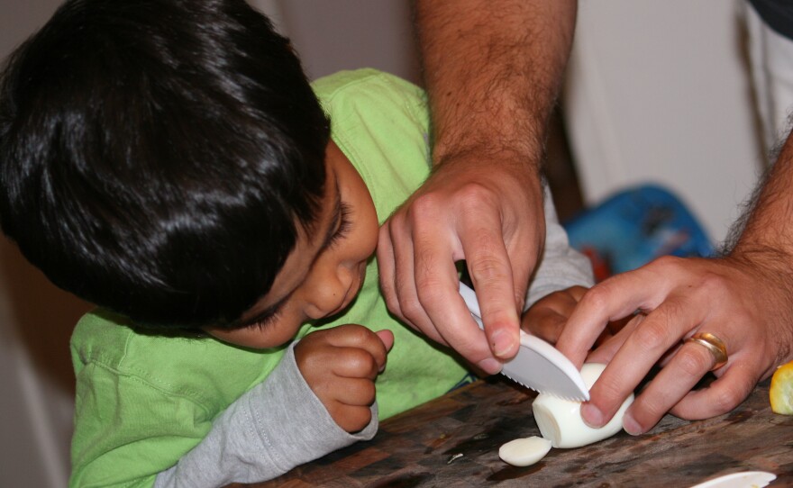 Adam Goodenough, the author's husband, demonstrates chopping for their son, Eka Gupta Goodenough, 3.