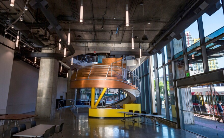 The grand staircase leading up to the Digital Gym Cinema inside the UC San Diego at Park and Market in East Village. May 2, 2022