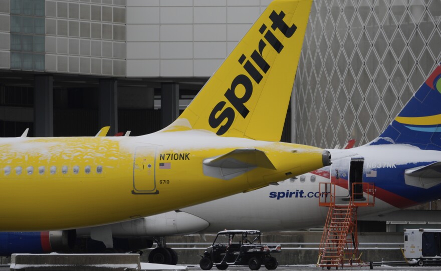 Spirit Airlines planes parked at the closed George Bush Intercontinental Airport, Jan. 21, 2025, in Houston.