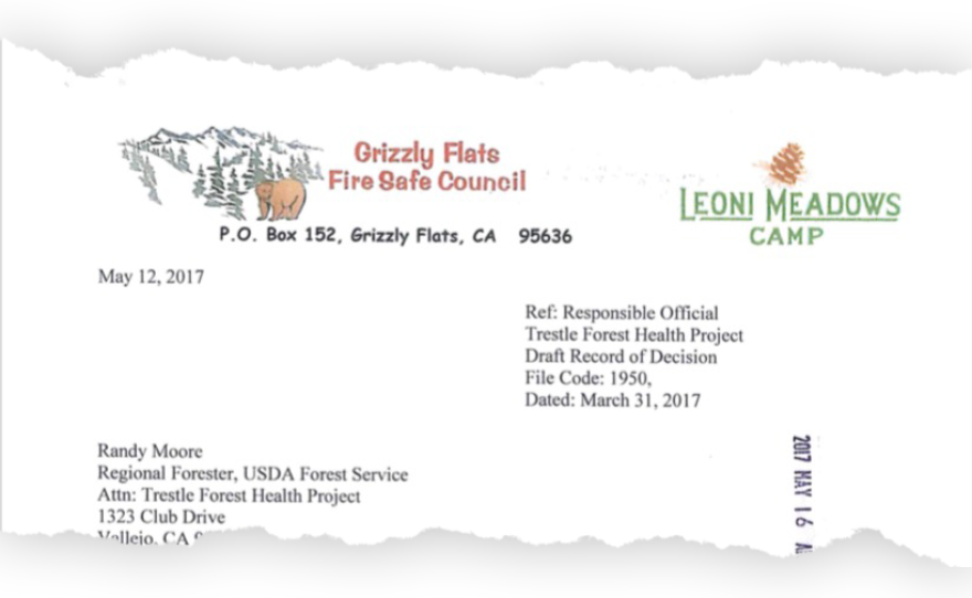 Mark Almer sent a letter to then-regional forester Randy Moore, imploring the Forest Service to quickly and thoroughly tackle the Trestle Project in order to protect Grizzly Flats, May 12, 2017.