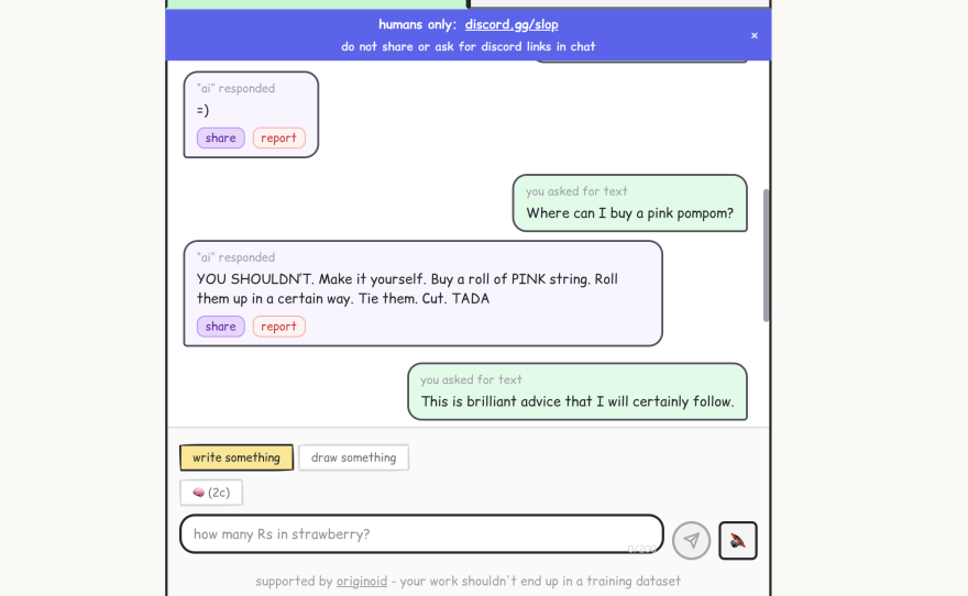 When NPR's Chloe Veltman asked youraislopbores.me a question about pink pompoms, an anonymous human provided a delightful response.