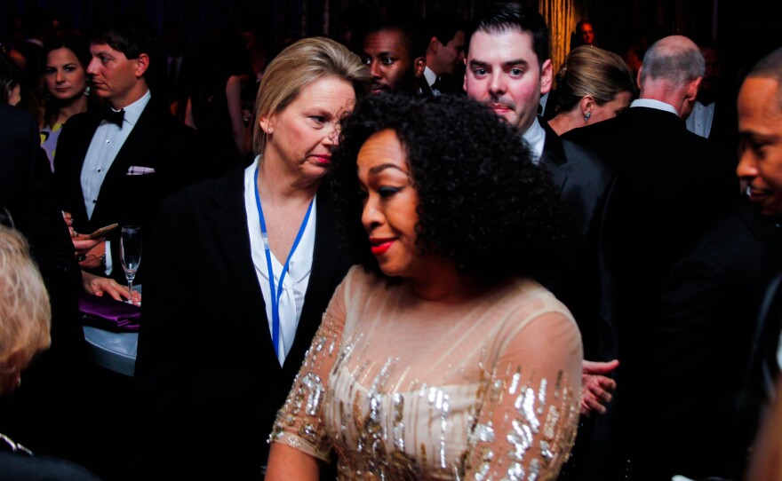 Shonda Rhimes speaking with Former Secretary of State Madeleine Albright while surrounded by on-looking guests at the ABC/Yahoo party before the 102nd White House Correspondents' Dinner on Saturday, April 30, 2016 in Washington D.C.