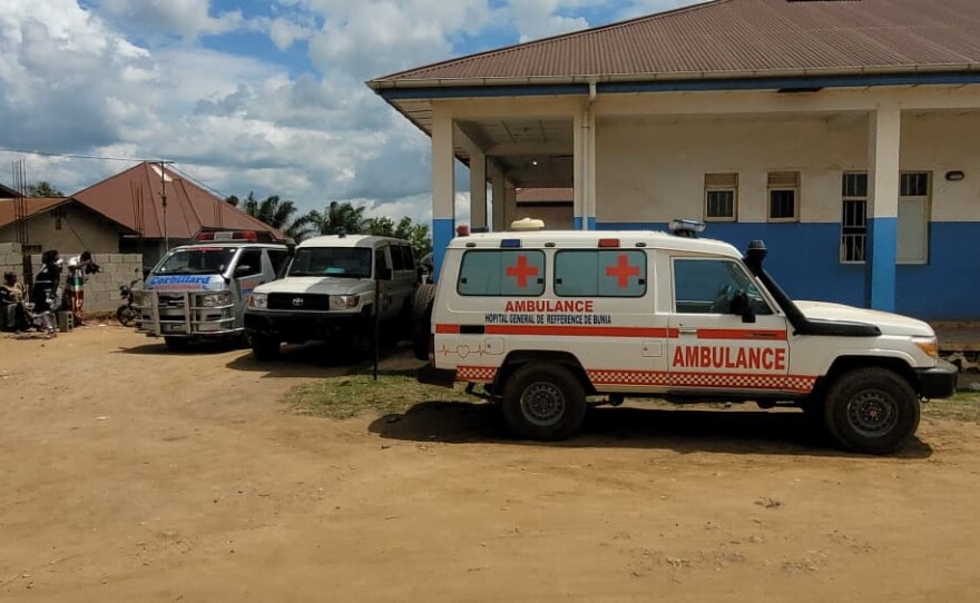Ambulances are parked outside a hospital in Bunia, Congo, Saturday, May 16, 2026.