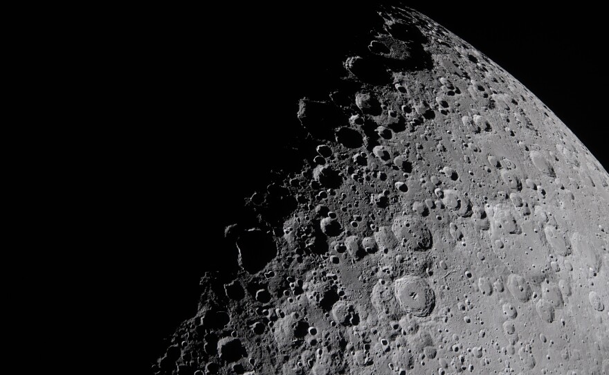 April 6: This is a portion of the moon coming into view along the terminator — the boundary between lunar day and night — where low-angle sunlight casts long, dramatic shadows across the surface. This grazing light accentuates the moon's rugged topography, revealing craters, ridges and basin structures in striking detail. Features along the terminator, such as Jule Crater, Birkhoff Crater, Stebbins Crater and surrounding highlands, stand out.