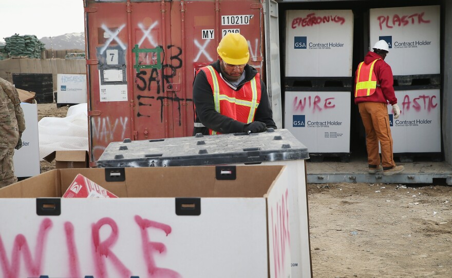 A shipping container is filled with excess equipment and supplies  in March as the U.S. military draws down in Afghanistan.