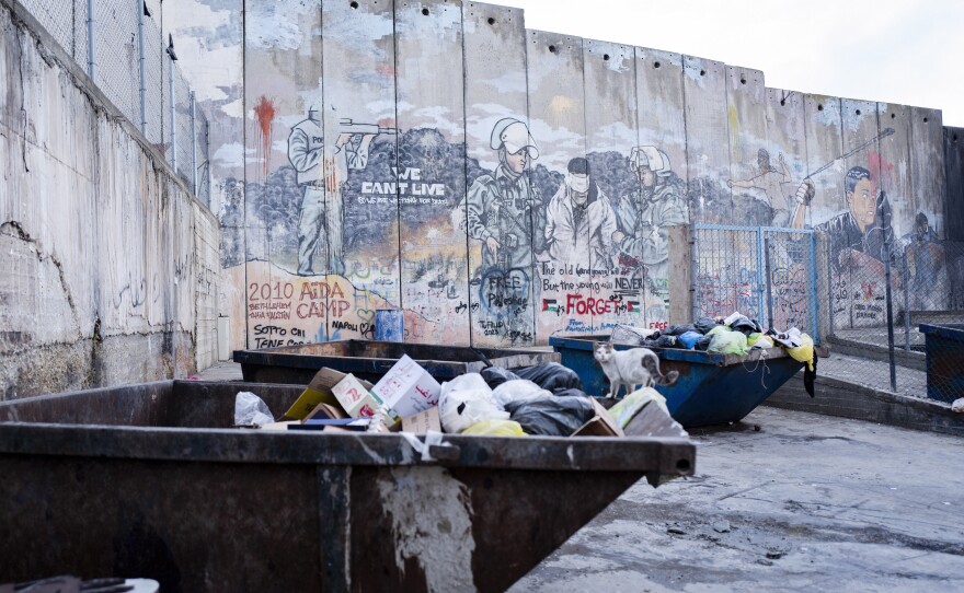 The Israeli separation barrier surrounding the Aida refugee camp in Bethlehem, in the Israeli-occupied West Bank.